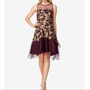 Tahari Purple Midi Dress with Gold Embroidery/Detailing